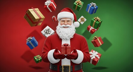 Santa Claus joyfully presents a small red gift while numerous colorful presents float around him against a festive red and green background.