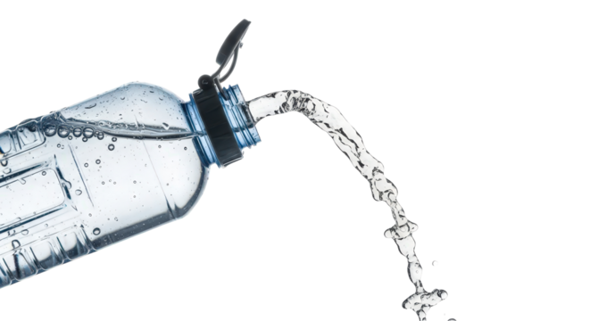 Refreshing clear water pouring from plastic bottle, hydration isolated on transparent background - Powered by Adobe