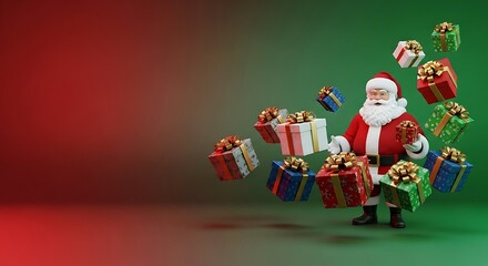3D Santa Claus figure happily distributing a flurry of colorful Christmas presents against a vibrant red and green background.