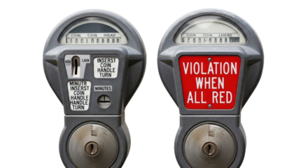 Expired old parking meters side by side, one showing violation isolated on transparent background