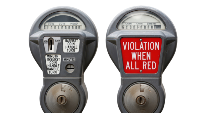 Expired old parking meters side by side, one showing violation isolated on transparent background