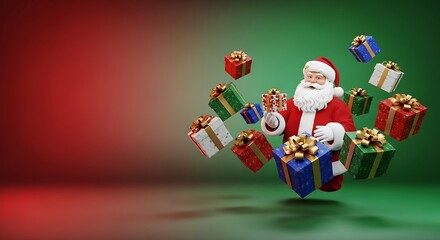 Jolly Santa Claus surrounded by a flurry of colorful Christmas presents against a festive red and green gradient background.