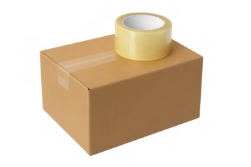 Cardboard box with clear packing tape roll on top, preparing a package for shipping, moving, and delivery logistics, transparent background