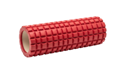 Vibrant red textured foam roller for fitness and muscle recovery isolated on transparent background