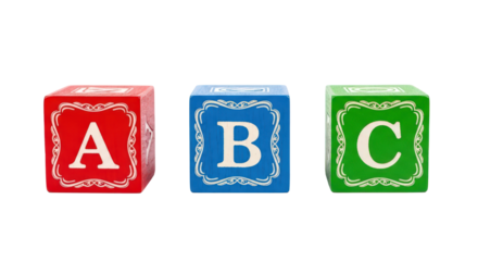 Colorful red blue green wooden blocks with letters a, b, c toy isolated on transparent background