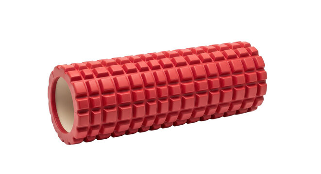 Vibrant red textured foam roller for fitness and muscle recovery isolated on transparent background