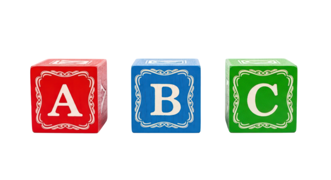 Colorful red blue green wooden blocks with letters a, b, c toy isolated on transparent background