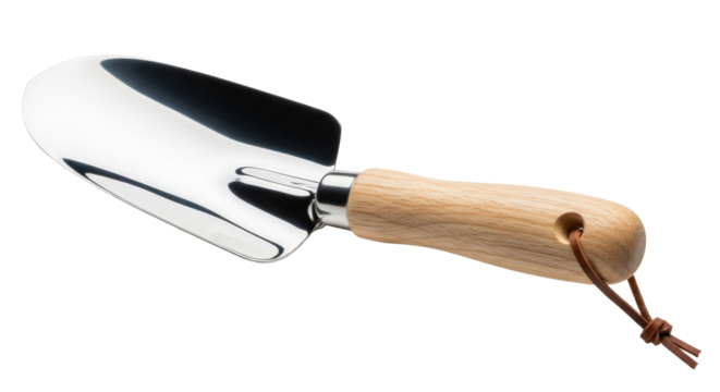 Stainless steel garden trowel with wooden handle on white background isolated on transparent background