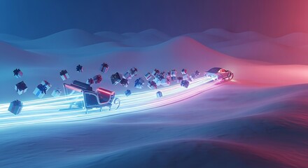 Dynamic abstract scene featuring two glowing futuristic vehicles racing across an undulating landscape, leaving vibrant light trails and scattered cubes.