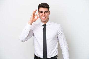 Business caucasian man isolated on white background showing ok sign with fingers