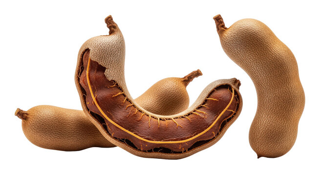 Fresh brown tamarind pods with an opened sweet and sour fruit isolated on transparent background