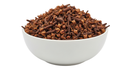 Dried whole cloves in a white bowl, aromatic culinary spice ingredient isolated on transparent background