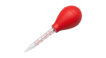Laboratory liquid dropper with red bulb and clear glass tube isolated on transparent background