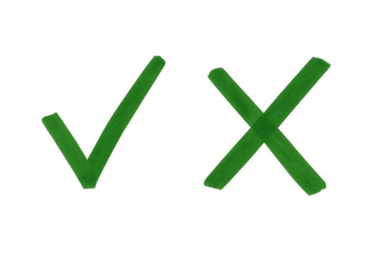 Check mark and cross mark drawn with a green marker, symbolizing yes, no, accept, or decline choices