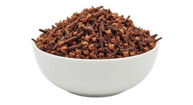 Dried whole cloves in a white bowl, aromatic culinary spice ingredient isolated on transparent background