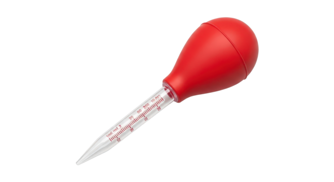Laboratory liquid dropper with red bulb and clear glass tube isolated on transparent background