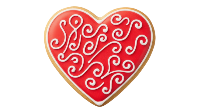 Festive red heart cookie with elegant white icing swirls design isolated on transparent background