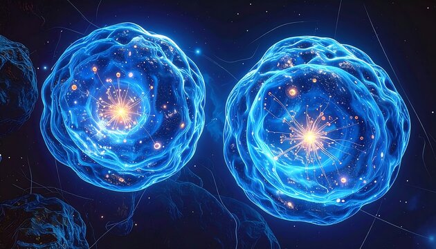 Two luminous, orb-like structures with internal glowing cores and a flowing, energetic aura, in deep space