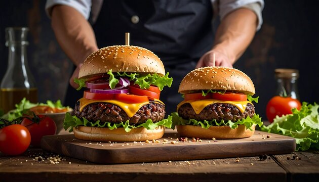 Two sesame seed burgers displayed on a wooden board, held by a person in a dark apron against a dark background - Powered by Adobe