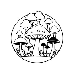Mushroom illustration with various types of fungi in a circular frame isolated on white background isolated on transparent background
