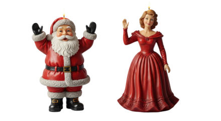 Christmas santa and victorian lady candles festive holiday decor isolated on transparent background