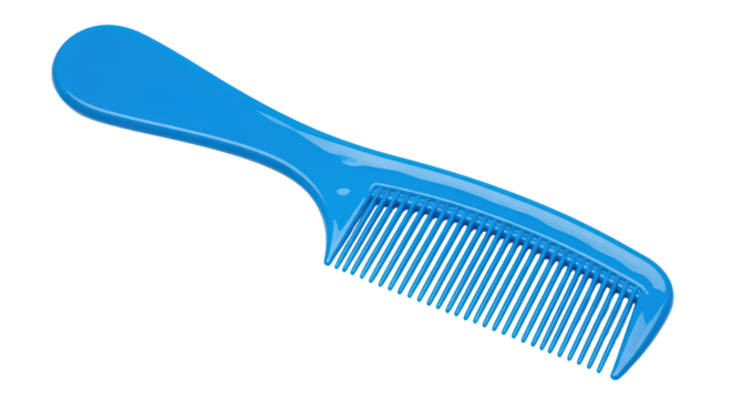 Bright blue plastic hair comb for essential daily grooming needs isolated on transparent background
