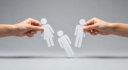 Divorce concept with paper figures held by hands, symbolizing separation and family breakup, offering a powerful visual for legal and social themes