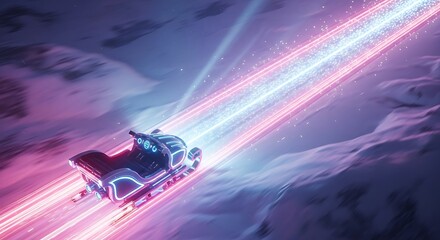 Sleek futuristic sleigh with vibrant neon light trails races across a vast snowy terrain.