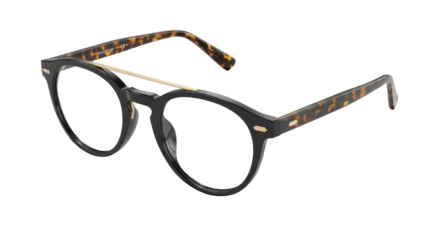 Stylish round eyeglasses with black frame, tortoise-shell temples isolated on transparent background
