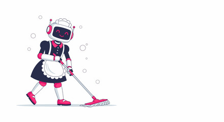 Fototapeta premium Illustration of a futuristic smiling robot maid cleaning with mop a floor surface