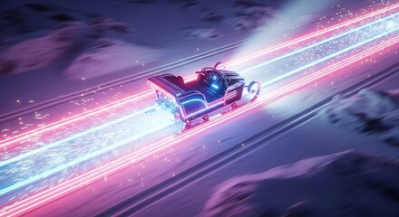 A futuristic high-speed sleigh with glowing neon light trails races across a vast snowy landscape.