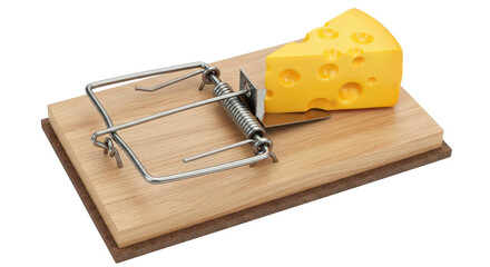 Mousetrap with yellow cheese bait set on wooden board ready to catch isolated on transparent background