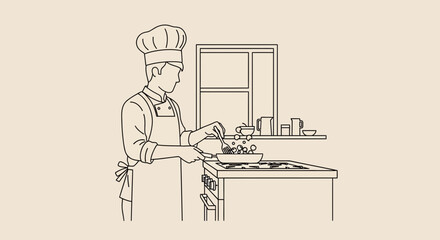Minimalist chef preparing food illustration line art vector design concept drawing for culinary or
