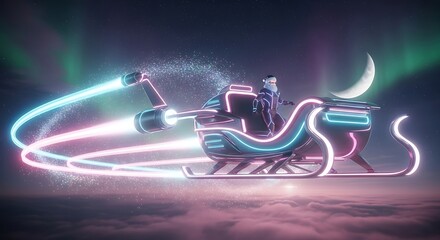 A futuristic neon-lit sleigh with rocket propulsion flies through an aurora-lit night sky with a crescent moon.