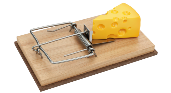 Mousetrap with yellow cheese bait set on wooden board ready to catch isolated on transparent background