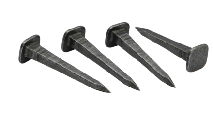 Rustic hand forged square nails, old iron construction hardware isolated on transparent background