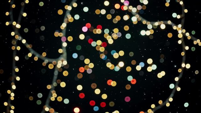 Defocused colorful bokeh lights on a dark background evoke a festive ambiance video motion 4k, suitable for holiday-themed designs, invitations, and creative projects requiring vibrant energy
