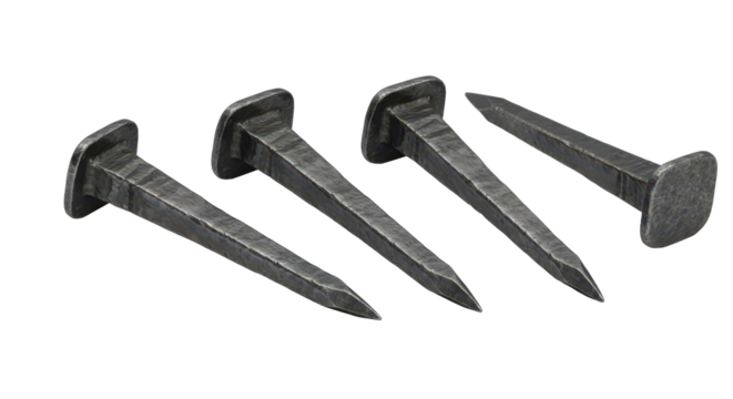 Rustic hand forged square nails, old iron construction hardware isolated on transparent background
