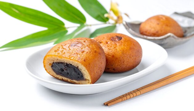 Two Manju buns one sliced, showing dark filling, and another bun are presented on a white surface