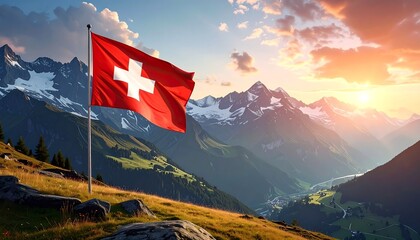 Swiss flag atop a grassy slope with snow-capped mountains and a vibrant sunset sky in the background
