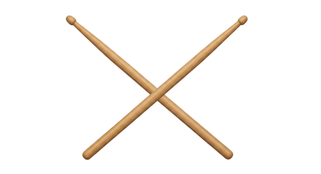 Crossed wooden drumsticks, musical percussion instrument art isolated on transparent background