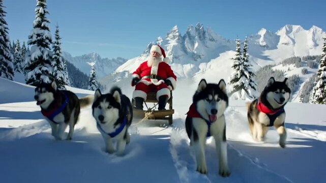 Santa rides a sleigh pulled by huskies through a snowy landscape; ideal for holiday promotions video motion 4k, winter events, Christmas cards, and festive advertisements