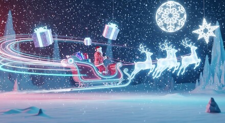 Santa Claus in his sleigh pulled by luminous reindeer, delivering glowing gifts across a magical winter wonderland.