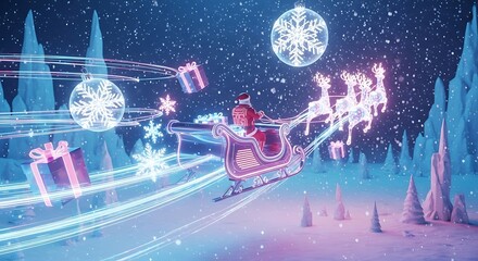 Santa Claus and his reindeer sleigh speeding through a magical snowy night, delivering glowing Christmas gifts and illuminated snowflakes.