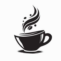 Stylish Coffee Cup Silhouette with Steam Vector Logo on white background