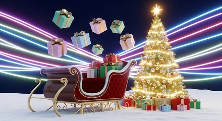 A vibrant Christmas scene with a sparkling tree, a red sleigh overflowing with presents, and colorful gifts floating amidst glowing neon light trails on a snowy landscape.