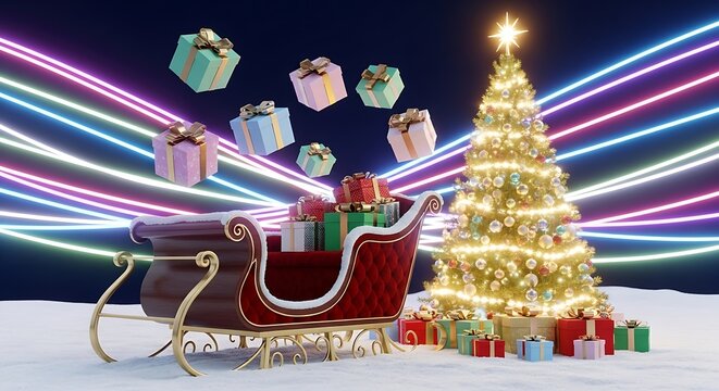 A vibrant Christmas scene with a sparkling tree, a red sleigh overflowing with presents, and colorful gifts floating amidst glowing neon light trails on a snowy landscape.