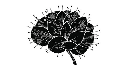 Obraz premium Abstract brain-like structure with circuits and leaves, symbolizing nature and technology fusion.