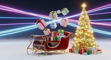 A festive 3D render showing a traditional red sleigh overflowing with colorful Christmas gifts next to a brightly lit Christmas tree, all against a vibrant neon background.