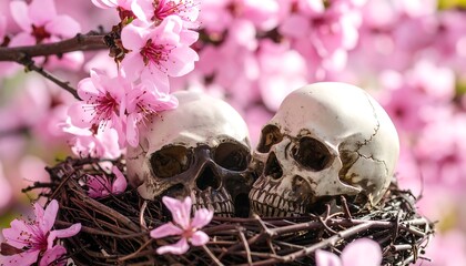 Two skulls nestled in a bird's nest, surrounded by vibrant pink cherry blossoms against a blurred, sunny backdrop
